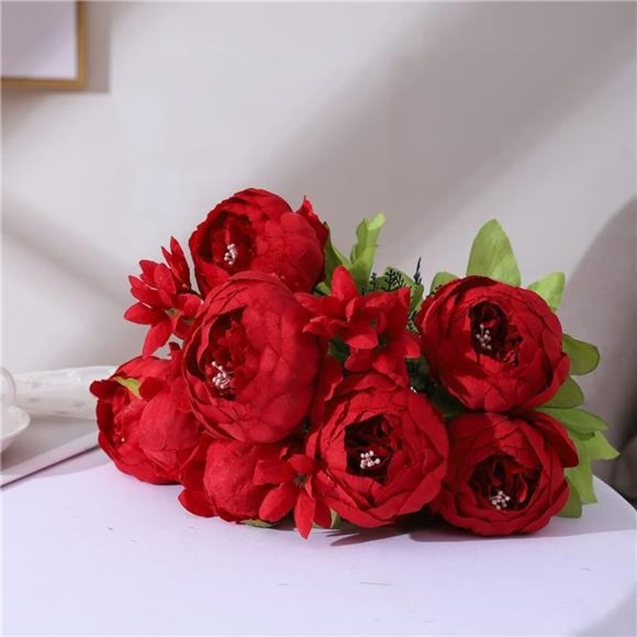 Red Flowers Artificial Silk Peony Bouquets Wedding Home Decoration Red Floral - Picture 5 of 5